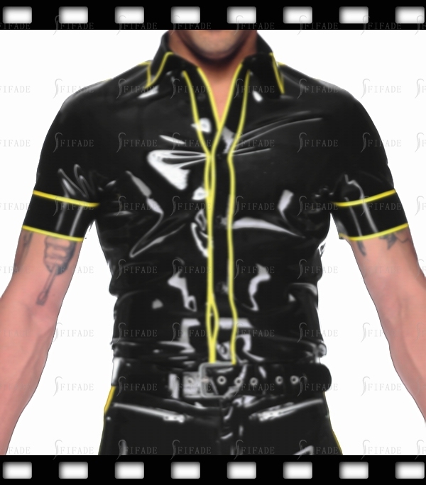 Latex Shirts for Male Short Sleeves Tops Unique Yellow Trims Customized .4mm