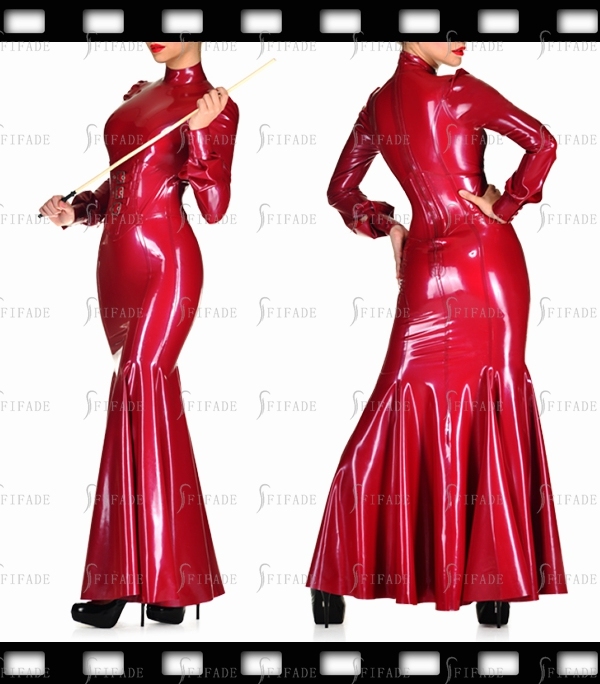 Latex Evening Dress attached Corset Mermaid Sleeves Buttons Customized 0.4mm