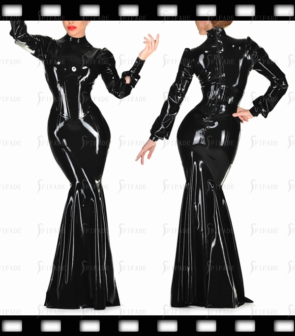 Latex Evening Dress attached Corset Mermaid Sleeves Buttons Customized 0.4mm
