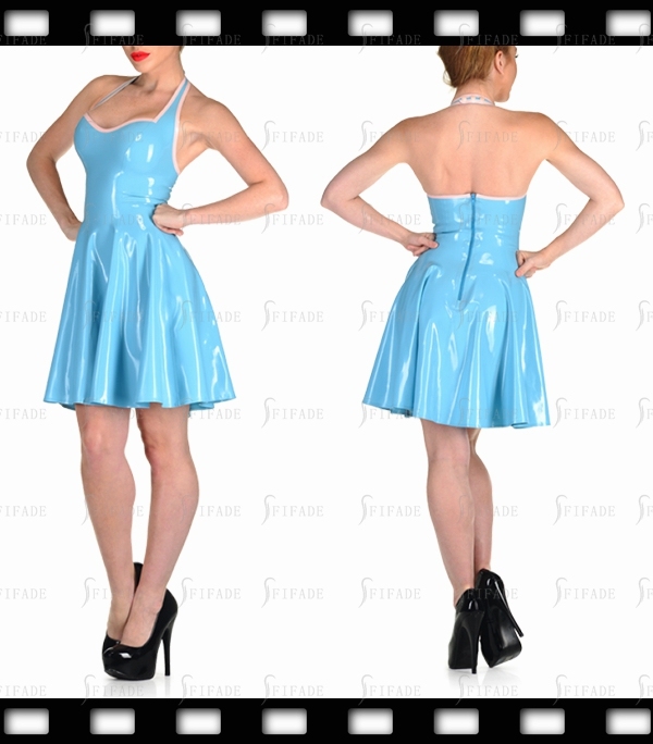 Latex Dress Halter Sweat-heart Neck Rear Zip Pleated Skirts Sexy Customized 0.4mm