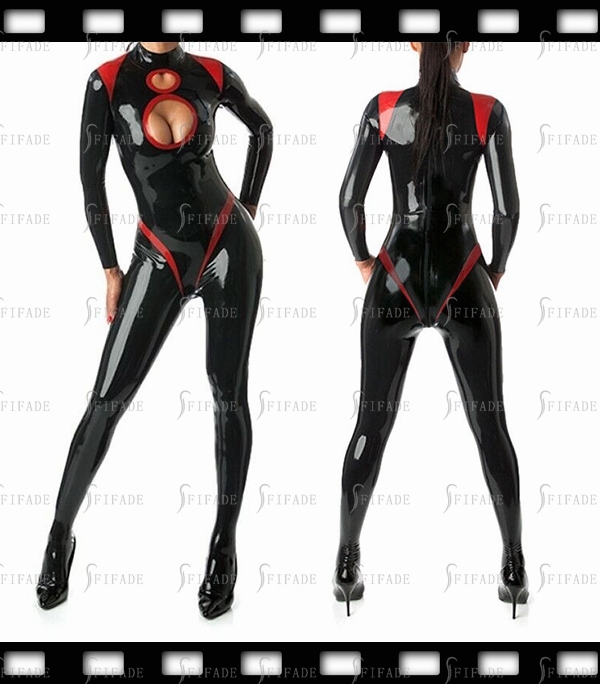 Latex Catsuit Red Trims Sexy Neck 2 Hollow Design Rear Zipper Customize .4mm