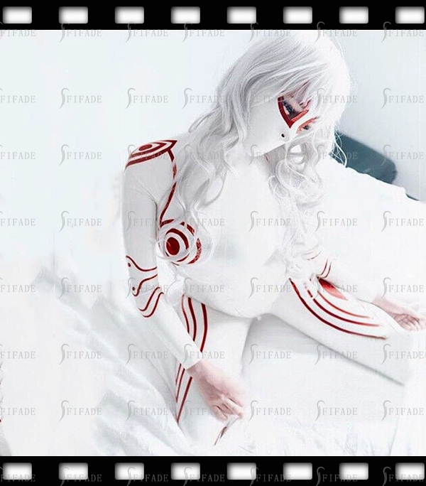 Latex Catsuit Cosplay Cool White Red Trims with Hood Cosplay Customize 0.4mm