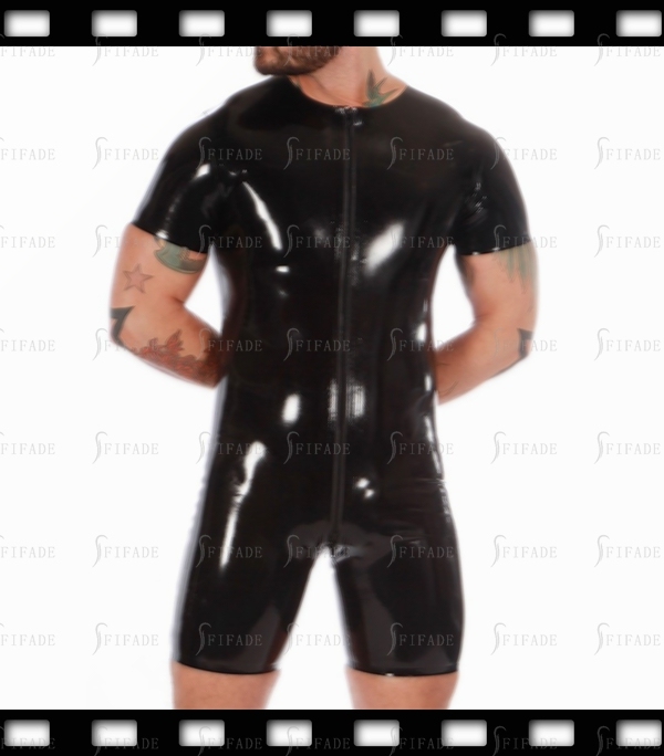 Latex Mens Leotard Around Collar Front 3 Way Zip Short Sleeves Cool Customie F11