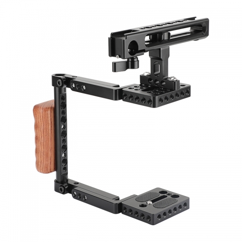 CAMVATE Camera Half Cage Kit With Aluminum Top Handle & Wooden Right-side Handgrip & Adjustable Mounting Plates