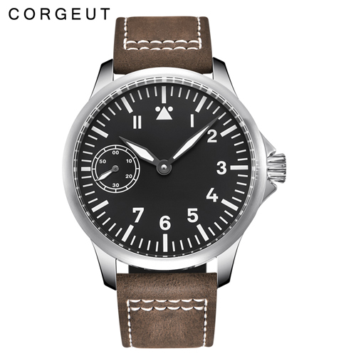 45mm Corgeut black dial 6497 hand winding mens military watch