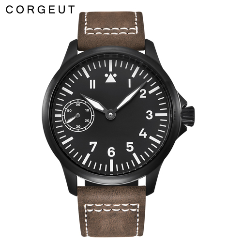 45mm Corgeut black dial 6497 hand winding mens military watch