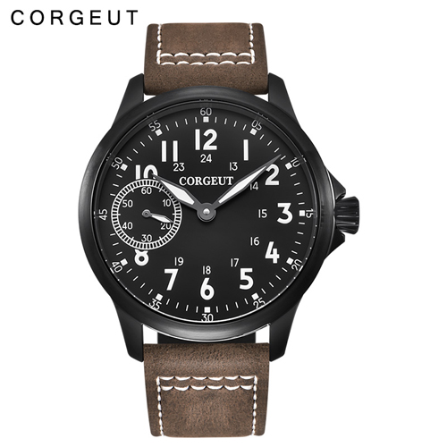 45mm Corgeut black dial 6497 hand winding mens military watch