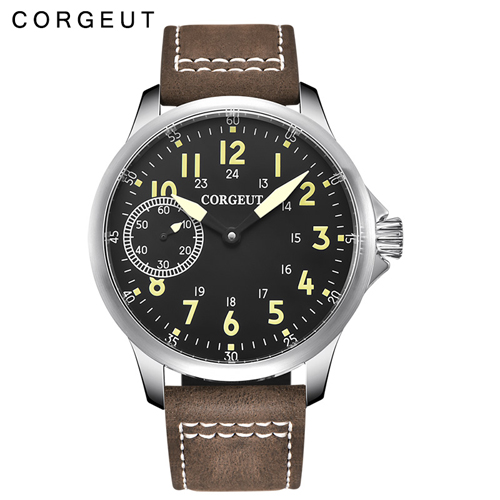 45mm Corgeut black dial 6497 hand winding mens military watch