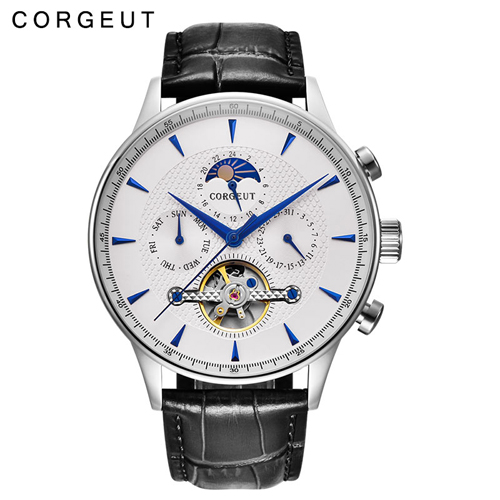 New arrival Corgeut 44mm Domed Glass Moon Phase White Dial Blue Hands Date & Day Mens Automatic watch