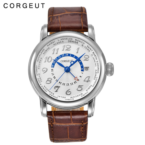 Corgeut Luxury 43mm Date Stainless steel Blue hands GMT Automatic Men