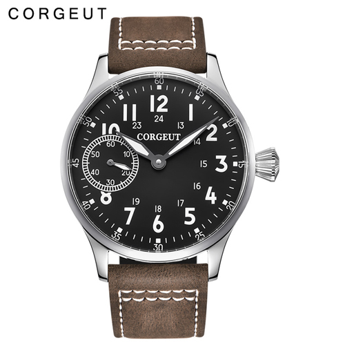 44mm Corgeut Stainless Steel Case Genuine Strap hand winding military Mens watch
