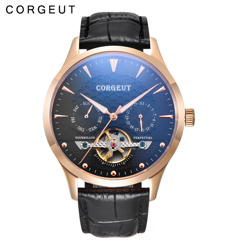 Corgeut 44mm Black Dial Little Domed Glass Rosegold Case Day&Date Mens Automatic Watch