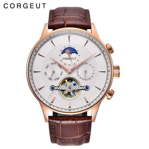 New Style 44mm Domed Glass Moon Phase White Dial Rosegold Hands Date & Day Mens Automatic watch