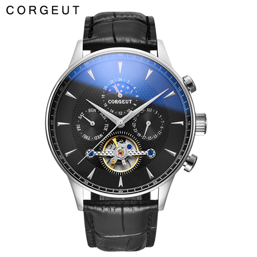 44mm Domed Glass Moon Phase Black Dial Date & Day Mens Corgeut Automatic Watches