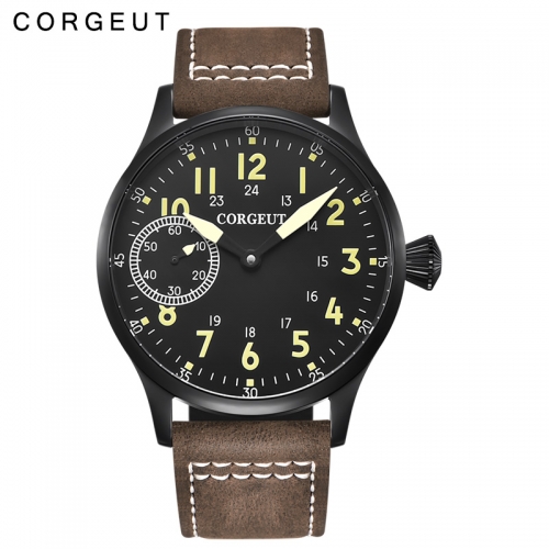 New Arrival 44mm Corgeut black dial 6497 hand winding mens military watch