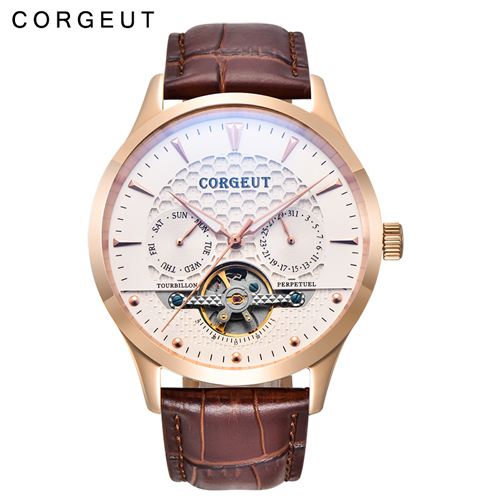 Corgeut 44mm Domed Glass Rosegold Case White Dial Mens Automatic WristWatches
