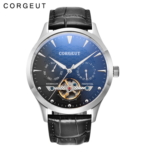 Corgeut 44mm Domed Glass Black Dial Date&Day Mens Automatic Watch