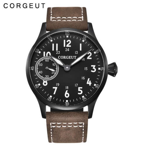 New Arrival 44mm Corgeut black dial 6497 hand winding mens military watch