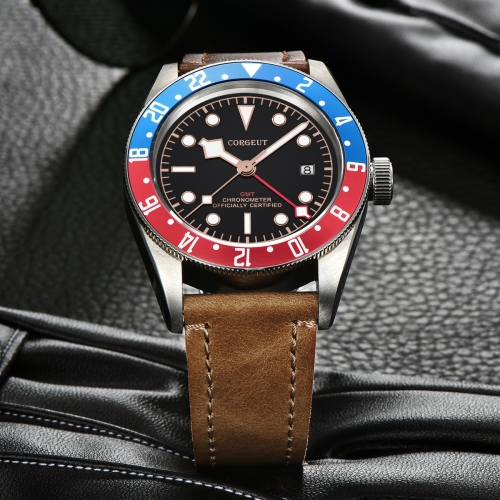 GMT Watch 41mm Corgeut Black Dial Bay Black Red Bezel Leather