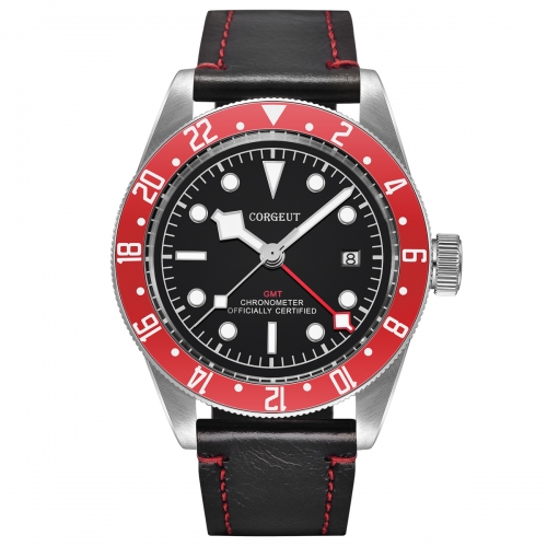 GMT Watch 41mm Corgeut Black Dial Bay Red Bezel Military Auto Men Wristwatches