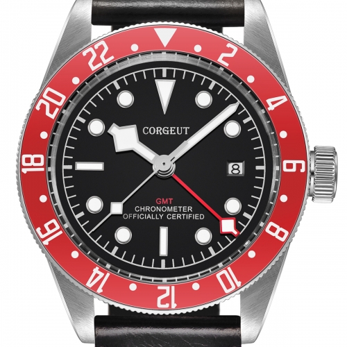 GMT Watch 41mm Corgeut Black Dial Bay Red Bezel Military Auto Men Wristwatches Automatic