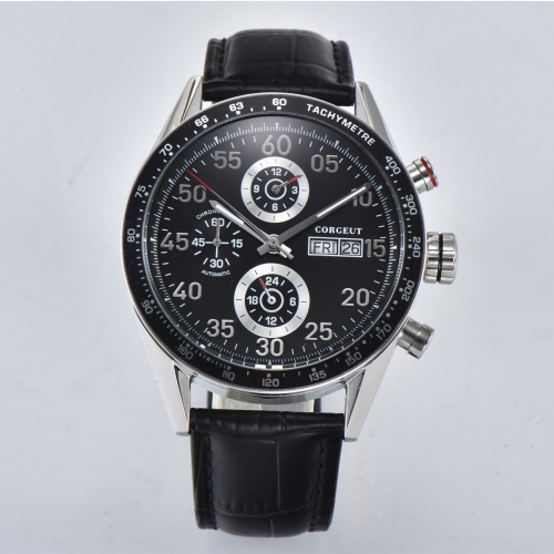 44mm Corgeut black dial leather Date week Automatic movement men's Wristwatches