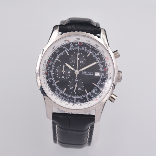 46mm Corgeut black Dial Date Solid Case Quartz Chronograph Movement mens Watch