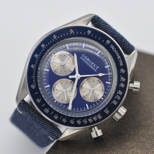 40mm Chronograph Watch Luminous Hand Japanese Quartz CORGEUT Blue Dial men's leather