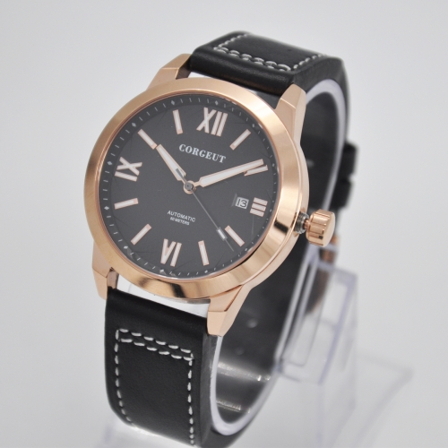 41mm Corgeut black dial rosegold case date luminous Sapphire Miyota automatic mens watch