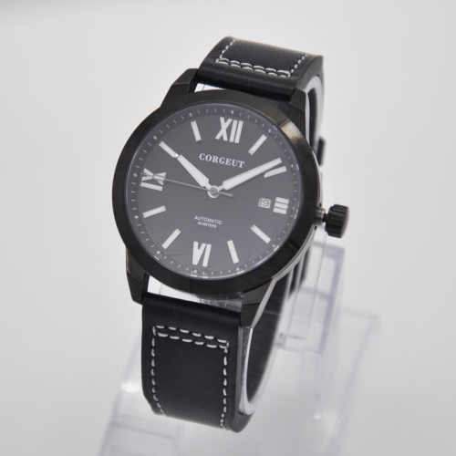 41mm Corgeut black dial PVB case date luminous Sapphire Miyota automatic mens watch