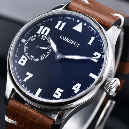 44mm Corgeut black dial Stainless Steel Case Genuine Strap hand winding military Mens watch