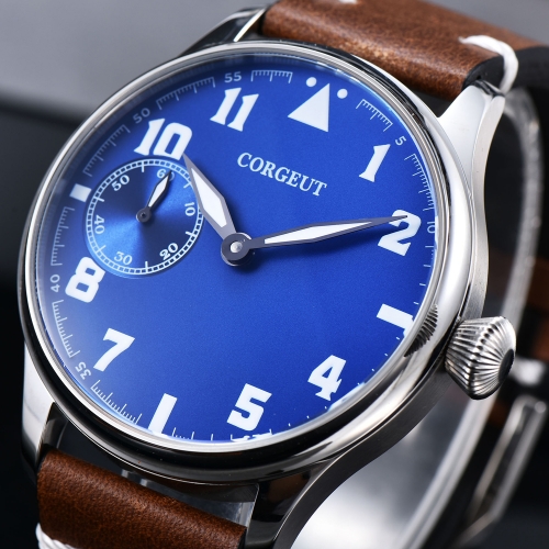 44mm Corgeut blue dial Stainless Steel Case Genuine Strap hand winding military Mens watch