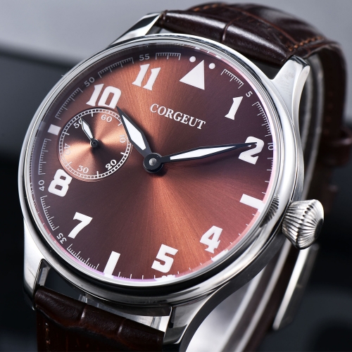 44mm Corgeut brown dial Stainless Steel Case Genuine Strap hand winding military Mens watch