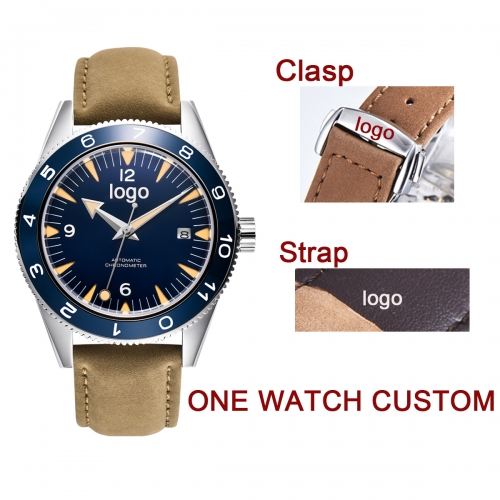 41mm Custom LOGO design blue dial sapphire glass Leather strap Luminous miyota Automatic mens Watch