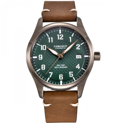 40mm Corgeut green dial SS Khaki case date pilot Automatic Japan NH35 mens watch