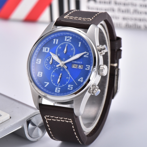 41mm Corgeut blue dial Stainless Steel Case Style Full Chronograph Mens Watch