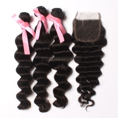 13A Virgin Hair Brazilian Loose Wave 3 Bundles+ 1Pc Lace Closure Free Shipping