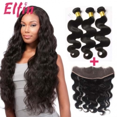 Hot-Sale!!!【3 Bundles+Frontal】Brazilian Body Wave Hair 3 Bundles With 13*4 Lace Frontal 100% Virgin Hair Natural 1B Color Hair