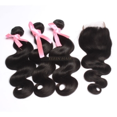 【3pcs+closure】Peruvian Body Wave 3 Bundles and Lace Closure Free Shipping