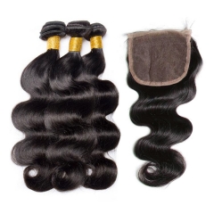 13A Brazilian Body Wave Virgin Hair Extensions 3 Bundles With 4x4 PrePlucked Lace Closure Natural Hairline 1B