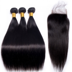 13A Peruvian Straight 3 Bundles With PrePlucked 4x4 Closure Natural Black Virgin Hair Extensions