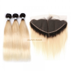 Customize in 7 days！【Frontal + 3 Bundles】Elfin Best Russian T1B/#613 Straight Ombre Ear To Ear Lace Frontal Blonde Hair With 13*4 Lace Frontal