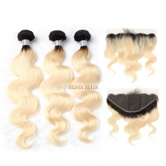 【Frontal + 3 Bundles】Elfin Best Russian T1B/#613 body Ombre Blonde Hair With 13*4 Lace Frontal Ear To Ear Big Closure Customize time 7 days