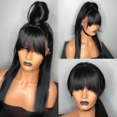 13*6 Straight Lace Frontal Hair bang Wig 180% Density Natural Black Virgin Hair 10-24inch Customize in 15 days