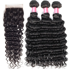 12A 【3PCS+4*4 Lace closure】Brazilian Deep Wave Unprocessed Virgin Hair With 1PC Lace Closure Free Shipping