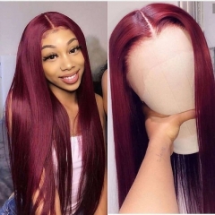 13A Burgundy Color #99j Wine Red 13*4 Transparent Lace Frontal Wig Straight Human Virgin Hair Super Grade 180% Density