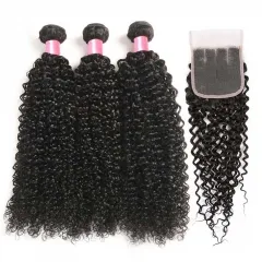 12A 【3PCS+4*4 Lace Closure】Brazilian Kinky Curly Hair Unprocessed Virgin Hair With 1PC Lace Closure Free Shipping