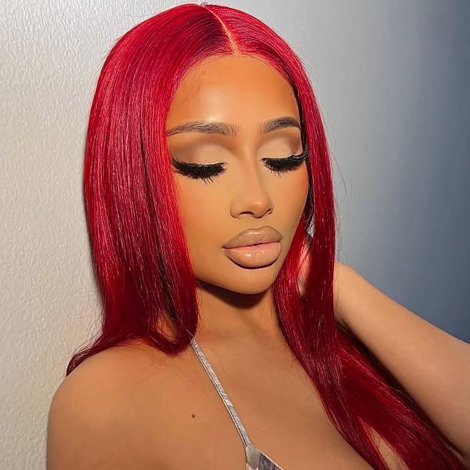 NEW IN 13A Red Color 13*4 Transparent Lace Frontal Wig Straight