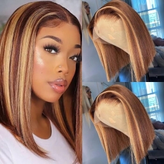 Elfin Hair 13*4 Lace Frontal Bob Wig Highlight Color Straight Transparent Lace 180% Density 10-14inch Honey Brown Summer Hair Bob Wig