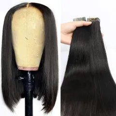 【Buy One Get One】HD/Transparent Lace 4*4/5*5 Lace Closure Bob Wig 250% Density Lace Wig Customize 3 days & Free Tape In Extensions 50g 20pcs/Set 12 In